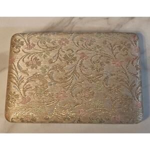 Vintage Tradtion Clam Shell Earring Jewelry Box Brocade Pink Green 1960s Travel